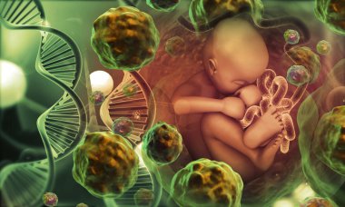 DNA ipliği olan insan fetüsü. Tıbbi konsept. 3d illüstrasyon