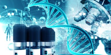Laboratuvarda mikroskop ve DNA ipliği var. 3d illüstrasyon