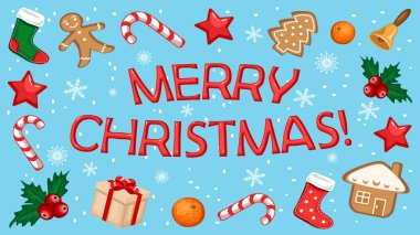 Dekoratif sembol çerçeveli Noel kartı, Noel tasarım unsurları, vektör illüstrasyonu