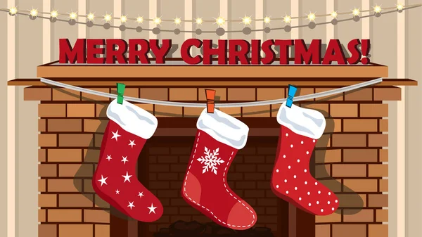 Noel çoraplı şömine, dekoratif mektuplar, Noel tebrik kartı.
