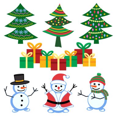 Noel ağacı, hediye kutuları ve kardan adam, vektör çizimi gibi dekoratif unsurlar beyaz arka planda izole edilmiş.