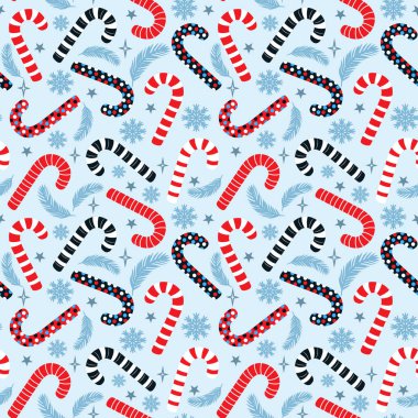 Noel 'de şeker kamışları, kar taneleri, duvar kağıtları için tasarım, ambalaj kağıdı, tekstil baskısı, dekoratif web arka planı