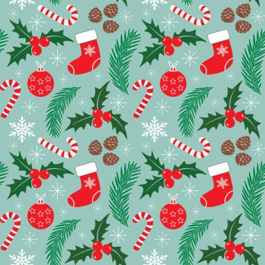 Yeni yıl dekoratif arka planında köknar dalları, Noel çorabı, top, kutsal böğürtlen ve kar taneleri, kusursuz vektör deseni.
