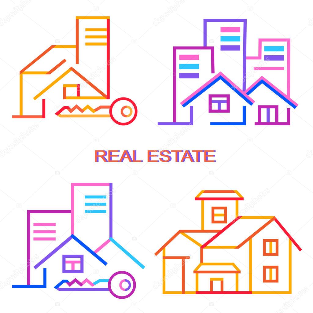 Colorful real estate logo collection, icons set, isolated on white background, flat vector design.