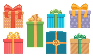 Bağlı yay vektör simgesi seti olan hediye kutuları koleksiyonu, satış afişi için tasarım ögeleri, tebrik kartı, olay dekorasyonu