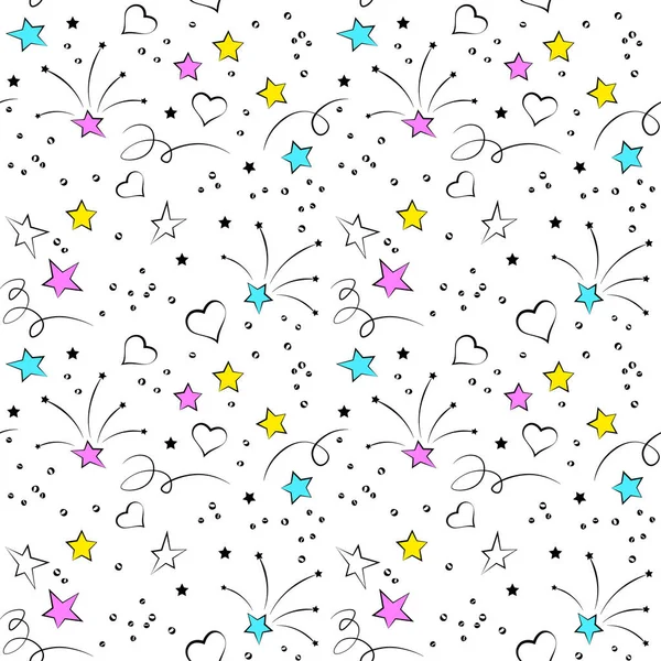 Parti kutlaması, yıldızların dekoratif doğrusal şekilleri, kalpler ve havai fişekler, kusursuz vektör deseni, duvar kağıdı, ambalaj kağıdı, dekorasyon 