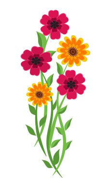 Soyut çayır çiçekleri, kırmızı ve sarı çiçekli buket, vektör illüstrasyonu, tasarım elementi, beyaz arka planda izole edilmiş..