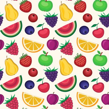 Meyvesiz desen, meyve ve böğürtlen ikonlarının dekoratif arka planı, tekstil baskısı, duvar kağıdı, ambalaj kağıdı, yapıştırma kitabı..