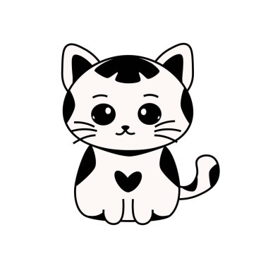 Göğsünde kalp lekesi olan sevimli çizgi film kedisi, vektör çizimi, beyaz arka planda izole edilmiş tasarım elementi..