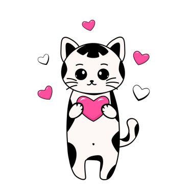 Sevimli Sevgililer Günü kediciği pembe kalpli, düz tasarım vektör çizimi beyaz arka planda izole edilmiş, kart için dekoratif unsur, afiş.
