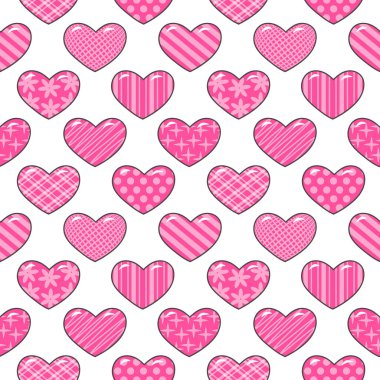 Dekoratif pembe kalp etiketli kusursuz vektör deseni, duvar kağıdı için sonsuz doku, tekstil baskısı, Sevgililer Günü dekorasyonu.