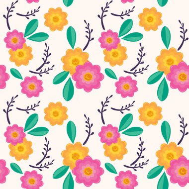 Pembe ve sarı çiçekli renksiz çiçek arkaplanı, bahar sonu olmayan duvar kağıdı dokusu, tekstil baskısı, dekorasyon.