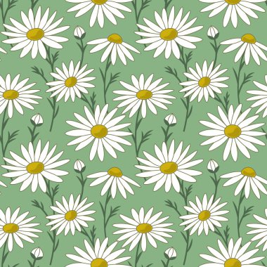 Çayırdaki papatya çiçekleri, bahar aylarında kusursuz vektör deseni. Baskı, moda, tekstil, kumaş, dekoratif arkaplan, ambalaj için moda çiçek dokusu