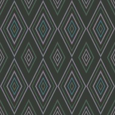 Koyu arkaplandaki gri ve yeşil eşkenar dörtgenlerin kusursuz vektör deseni, duvar kağıdı için zarif süs, tekstil baskısı, ambalaj.