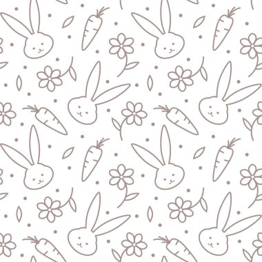 Şirin tavşancık ve havuçsuz vektör deseni, şeffaf arkaplanda ana hatlar, tekstil baskısı için tasarım, dekoratif duvar kağıdı, ambalaj kağıdı, çocuk kıyafetleri için baskı..