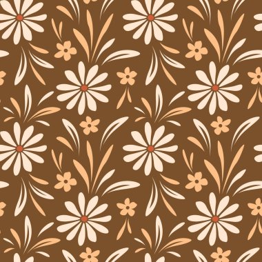 Basit çiçeklerin kusursuz vektör deseni ve kahverengi arkaplanda yapraklar, dekoratif bitmeyen desen, duvar kağıdı, tekstil baskısı..