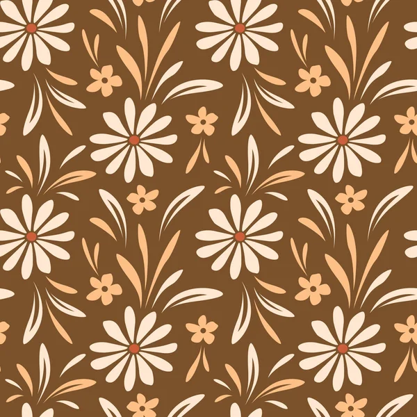 Basit çiçeklerin kusursuz vektör deseni ve kahverengi arkaplanda yapraklar, dekoratif bitmeyen desen, duvar kağıdı, tekstil baskısı..