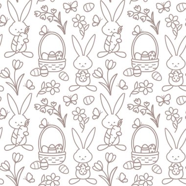 Tavşanlı paskalya pürüzsüz vektör deseni ve sepette boyanmış yumurta, şeffaf arkaplanda tek renkli süs, tekstil baskısı için tasarım, duvar kağıdı, ambalaj. 