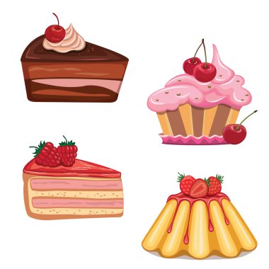 Böğürtlenli tatlı kekler, puding ve kek, lezzetli pastaların vektör çizimi, beyaz arka planda izole edilmiş tasarım elemanları, dekoratif çıkartmalar.