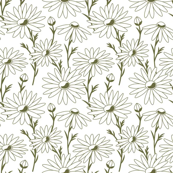 Papatya çayı çiçekleri şeffaf arka planda hatlar çizer, kusursuz vektör deseni. Baskı, moda, tekstil, kumaş, dekoratif arkaplan, ambalaj için moda çiçek dokusu