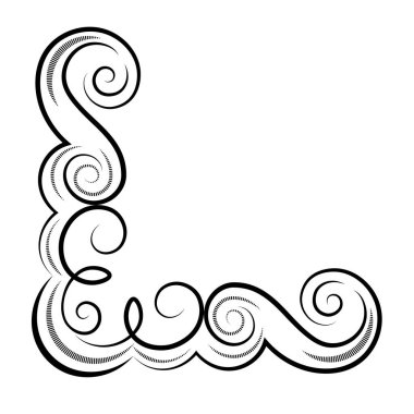 Dalgalı buklelerden yapılmış dekoratif çerçeve, köşe kenarı, beyaz arkaplanda izole edilmiş siyah vektör deseni, dekoratif element.