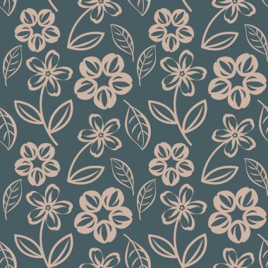Çiçeksiz vektör deseni, koyu arkaplanda basit çiçek şekilleri, duvar kağıdı, tekstil prin.