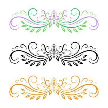 Girdap ve yapraklarla süslü desen, dekoratif çerçeve elementi, dövme tasarımı, beyaz arkaplanda izole edilmiş siyah ve renk vektör süsü.