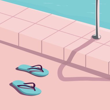 Yaz havuzu ve parmak arası terlikler tırabzan vektör illüstrasyonu, yaz tatilleri ve tatil beldesi konsepti, afiş, poster, kart, reklam metni için kopya alanı