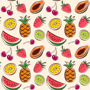 Tropikal meyvesiz vektör deseni, renkli yaz arkaplanı, ürün ambalajı için tasarım, duvar kağıdı, tekstil baskısı.