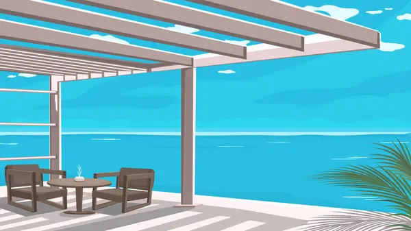 Deniz kenarındaki tropikal bir cennette, sandalyeli ve masalı bir evin verandası, tropikal ev tarzı, vektör çizimi, afiş, poster.