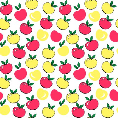 Kırmızı ve sarı elmalı kusursuz vektör deseni, tekstil baskısı için basit renkli tasarım, duvar kağıdı, dekoratif kapağı, ürün ambalajı.