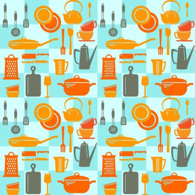 Mutfak aletlerinin kusursuz vektör deseni şirin mutfak arka planı, tekstil baskısı için düz tasarım ürün ambalajı, duvar kağıdı, yemek pişirme konsepti.