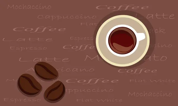 Kahve fincanı ve fasulye üst görünümü dekoratif kahverengi arka plan, reklam ve eğlence metinleri için kopyalama alanı, mutfak posteri, afiş.