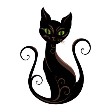 Dekoratif kıvırcık süslemeli zarif siyah kedi, beyaz arka planda izole edilmiş, düz vektör çizimi, amblem veya logo şablonu, tasarım elementi