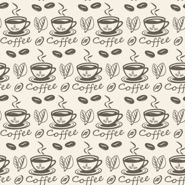 Kahve içeceği ve fasulye aromasız vektör deseni, tek renkli doğrusal çizim, kahve dükkanı dekorasyonu için tasarım, tekstil baskısı, duvar kağıdı, ürün ambalajlama.