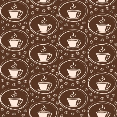 Kahve fincanı ikonu kahve çekirdeklerinin arka planında pürüzsüz vektör deseni, kafe, restoran ve kahve evi için dekoratif tasarım, duvar kağıdı, ambalaj.
