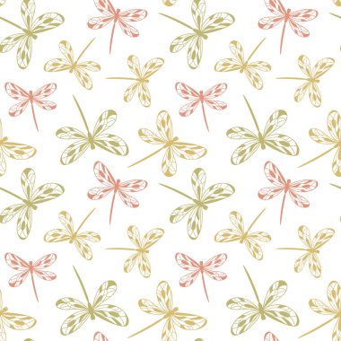 Uçan yusufçuklarla dekoratif yaz geçmişi, şeffaf arka planda kusursuz vektör deseni, tekstil baskısı, duvar kağıdı.