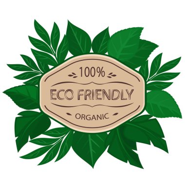 Yeşil yapraklar arka planında çevre dostu ürün etiketi, beyaz arkaplan, amblem veya logo şablonu üzerinde izole vektör ilülasyonu.