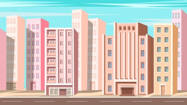Konut binaları ve gökdelenleri olan modern şehir caddesi, karikatür tarzı vektör çizimi.