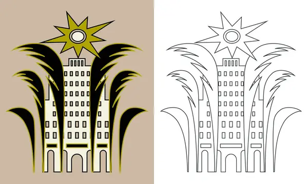 Шаблон Логотипу Курортного Готелю Пальмами Сонцем Будівлею Емблема Значок Наклейка — стоковий вектор