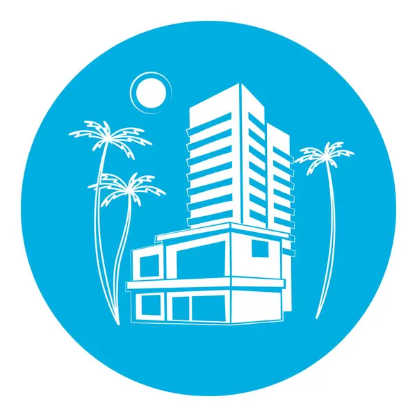 Шаблон Логотипу Нерухомості Сучасними Багатоповерховими Будинками Приватними Будинками Властивість Тропічного — стоковий вектор