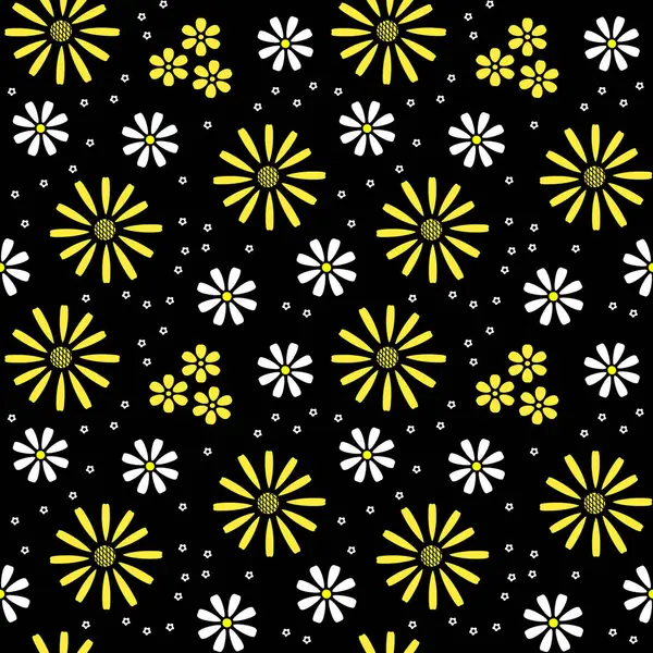 Безшовний Векторний Візерунок Жовтими Білими Квітами Чорному Тлі Квітковий Декоративний — стоковий вектор