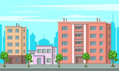 Apartman binaları olan şehir manzarası, şehir karikatürü vektör çizimi, şehir manzarası..