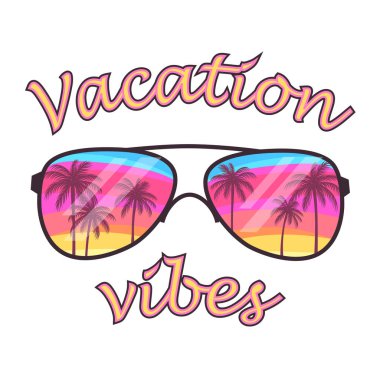 Renkli tropikal gökyüzünde palmiye ağaçlarının yansıması olan güneş gözlükleri, beyaz arkaplanda izole edilmiş vektör illüstrasyonu, tişört baskısı, çıkartma, poster ve diğer eğlenceli yaz tasarımı.