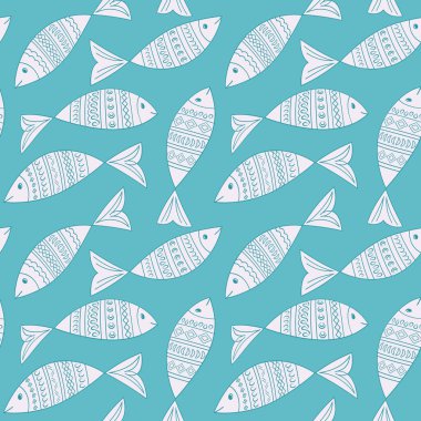 Mavi arkaplan üzerinde dekoratif süslemeli balıklar kusursuz vektör deseni, tekstil baskısı, duvar kağıdı, ambalaj, dekorasyon.