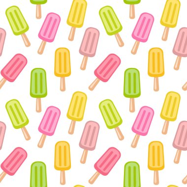 Beyaz zemin üzerinde çok renkli dondurmalar, kusursuz vektör deseni, tatlı yemek arkaplanı, tekstil baskısı, duvar kağıdı, ambalaj.