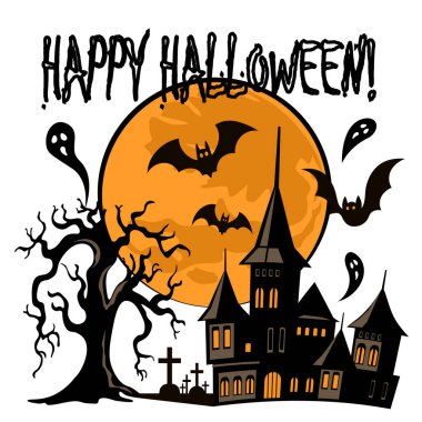 Ürkütücü kaleli Cadılar Bayramı kartı. Mezarlık, dolunay ve yarasalar, Cadılar Bayramı mevsimi konsepti, vektör illüstrasyonu, poster, afiş