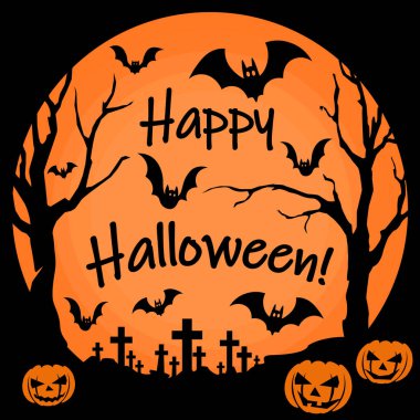 Çarpık ağaçlı Cadılar Bayramı kartı, ay ve oyulmuş balkabağı, Cadılar Bayramı kutlama konsepti.