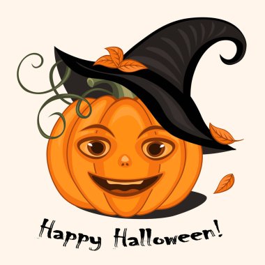 Komik yüzlü Cadılar Bayramı balkabağı, vektör çizimi, dekoratif unsur, Cadılar Bayramı kartı. 