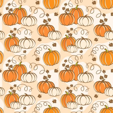 Olgun beyaz ve turuncu balkabakları, sonbahar hasadı ve mevsimlik bahçıvanlık kavramlarıyla dekoratif desenler.